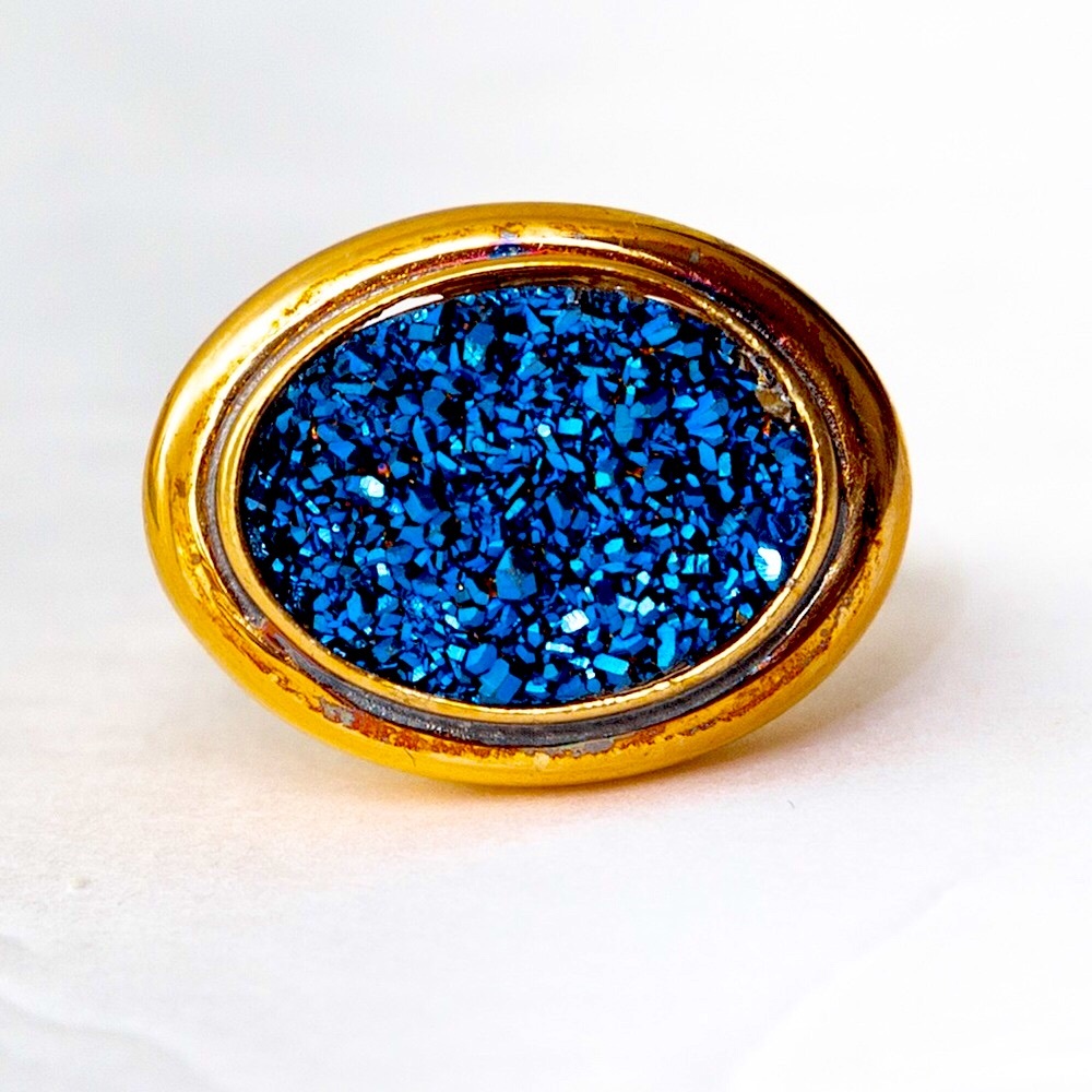 Technibond oval drusy quartz cobalt blue sterling silver ring with gold clad 10